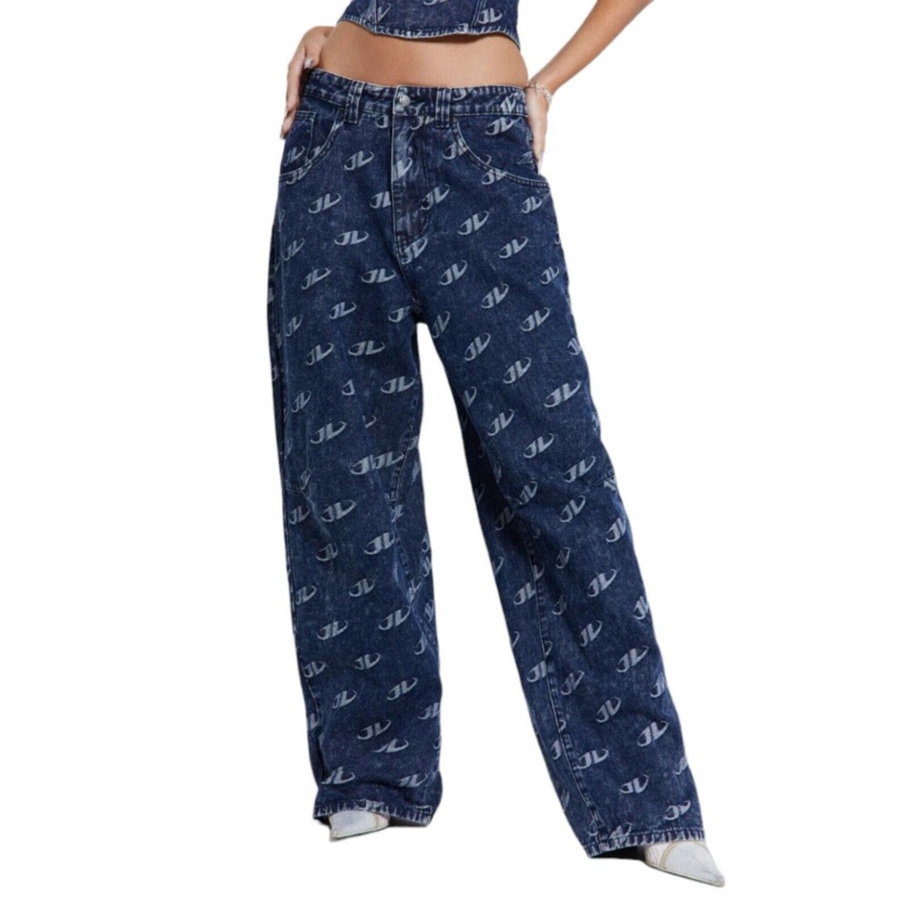 Jaded London Womens Jeans Relaxed Baggy Blue Monogram Embossed Logo Wide Leg 26